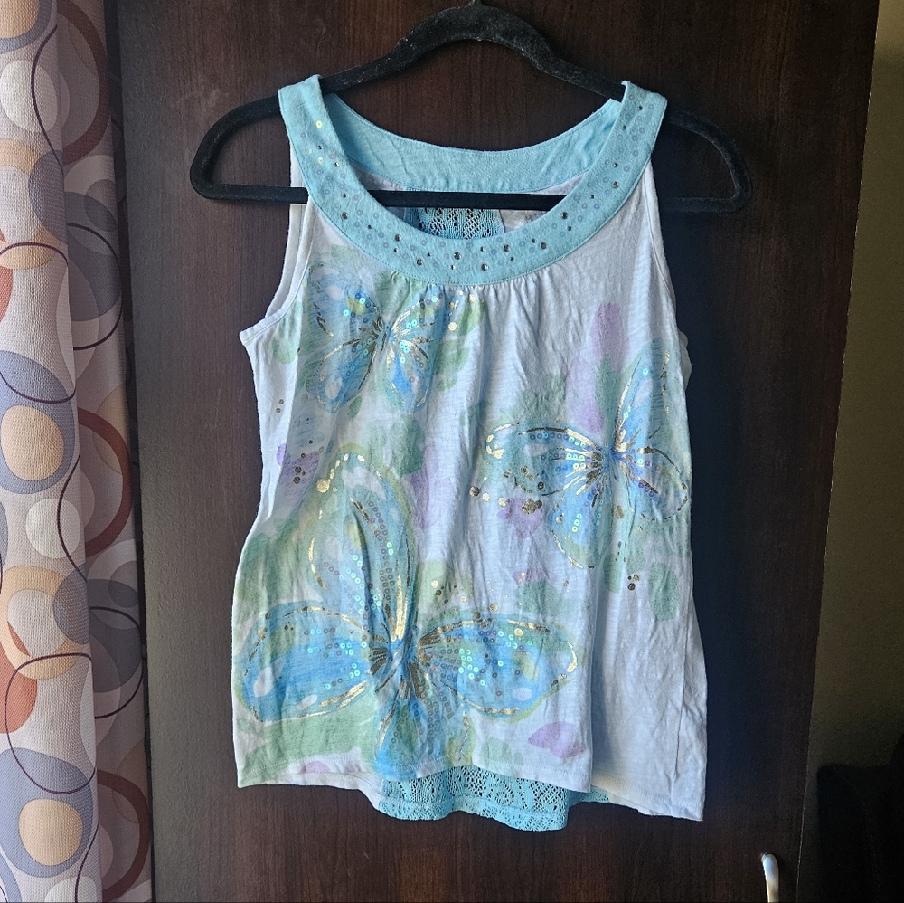 Justice Blue and White Butterfly Tank Top